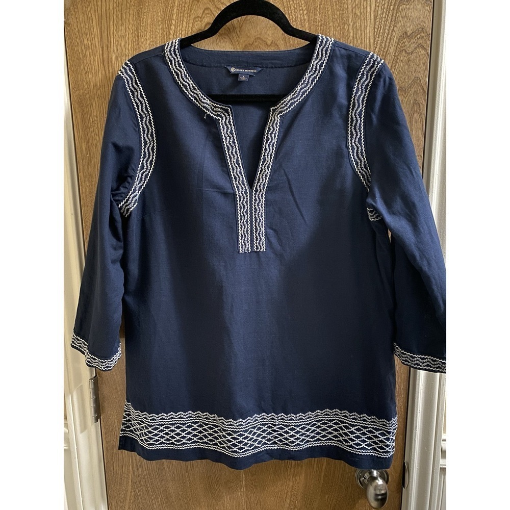 Brooks Brothers Linen blend Tunic Top Shirt Women Sz Large Navy Blue Embroidered